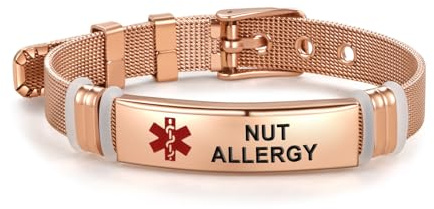 MiniJewelry Rose Gold Love Heart Medical Alert ID Bracelets for Women Red Emergency Identification First Aid Stainless Steel Adjustable Wristband Bracelet