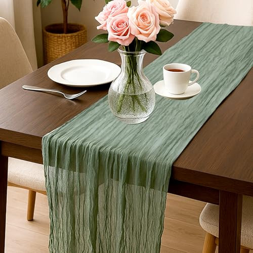 Salbeigrün Tischläufer 90 x 300 cm, Käsetuch-Tischläufer, Boho-Gaze Käseleinen Läufer, Tischläufer für Babyparty-Dekorationen Hochzeitsfeier Geburtstag und Heimdekoration