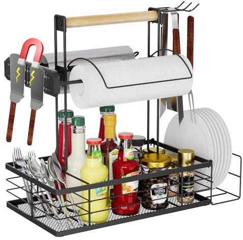 Grill Caddy with Magnetic Tool & Paper Towel Holders, Picnic Utensil Condiment Caddy, Barbecue Grill Tool Organizer for Outdoor Camping, Cooking, Camper