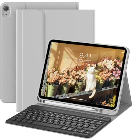 ZOPSGYU Custodia con tastiera per iPad 11 generazione A16/10 generazione (11/10.9 pollici 2025/2022), layout QWERTZ tastiera wireless rimovibile Bluetooth custodia per iPad di 10° generazione, grigio