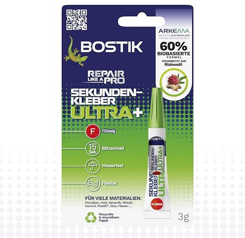 Bostik ULTRA+ Colle instantanée, 60% biosourcée, super glue, pour réparations ménagères et loisirs, extra forte, faible odeur et flexible, colle liquide, 3 g