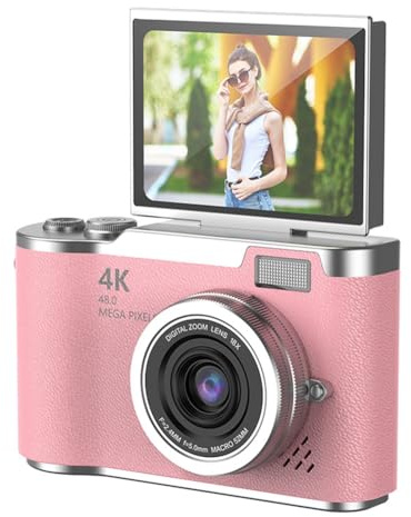 Asyduey 8X Digital Zoom Camera 4K CCD for Student 48MP Compact Digital Photography Camera 180 Flip Screen Selfile Camera Pink