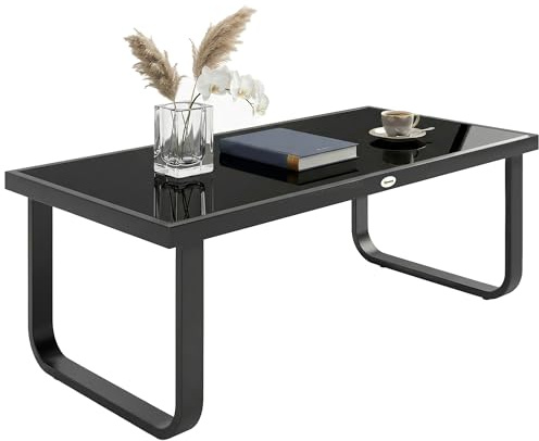 Outsunny Table Basse de Jardin Rectangulaire, Pieds Incurvés, Plateau en Verre Trempé, Table d'Appoint pour Terrasse Balcon Jardin, 90x45x33cm, Noir