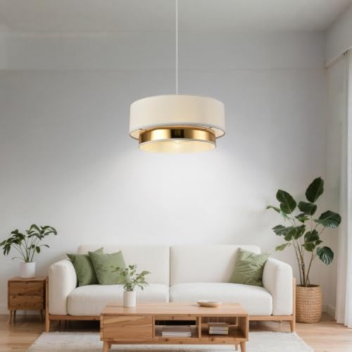 MinteVolt Hängelampe Weiß Gold Ø40cm - Pendelleuchte mit Stoffschirm | Deckenleuchte Hängend Höhenverstellbare Doppelring-Design für Esstisch & Wohnzimmer, E27-blendarmes Licht - ohne Glühbirne