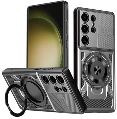 Techsuit für Samsung Galaxy S23 Ultra Hülle mit Militärischer Schutz, Kameraschutz, Integrierter Ständer, Magnetring Kompatibel, Stoßfest, Verstärkte Ecken, RuggedCam Series, PC TPU Hybrid, Grau