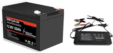 12V 20Ah Battery Life PO4 DeepCycle Rechargeable Battery with 20A BMS ，Compatible for Solar Wind Power Camping Equipment Ride-on Toy(1battery 1charger)