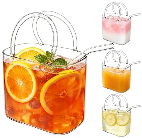 RHAIQBVC 4PCS Glass Purse for Drinks, Purse Drinking Glass Handbag Shape Cup with Straw 26 oz Wine Glasses for Juice Cocktail Room Decor Present