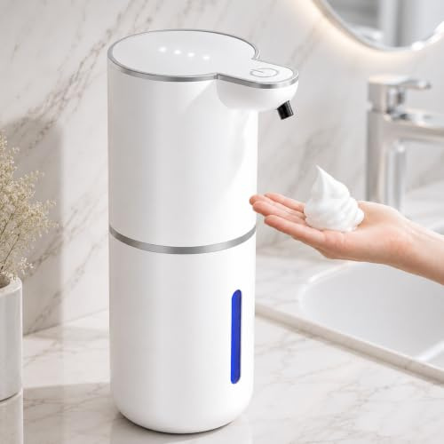 Amyzavls Seifenspender Automatisch für Schaum,Berührungslos,Wandmontage | 0,25 s Sensor,4 Dosierstufen,IPX5,USB-C aufladbar,1200mAh,380 ml,Schaumspender für Bad,Küche und Toilette,Perlweiß