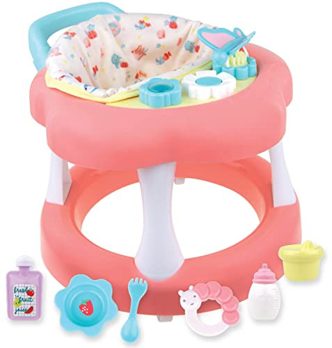 JC TOYS- Andador para muñecas hasta 43cm, con ruedas, + 6 accesorios, rosa, +2 años