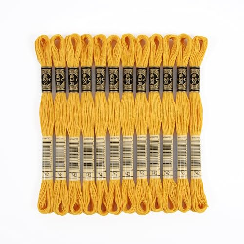 DMC - Confezione da 12 matassine, Filato da Ricamo Mouliné 117MC, 100% Cotone - Adatto a tutte le tecniche e superfici, ideale per punto croce (Giallo 742)