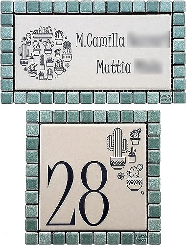 GUIZZO Creart - Targa Personalizzata Nomi in Ceramica 17x9.5H cm + Numero Civico Esterno 12x12H cm, Set Targhetta Personalizzata Cornice Mosaico + Numeri Civici Esterni, Targhetta Porta Ingresso Verde