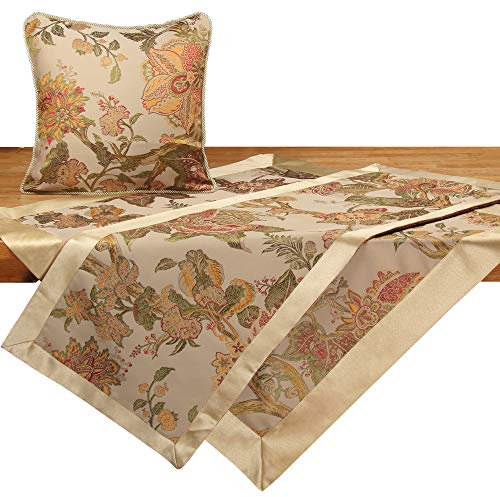 Quinnyshop Orientalische Blumen Grün Gelb Rot Tischdecke Tischläufer ca. 40 x 110 cm Webmuster, Beige