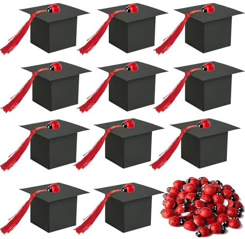 50 Pezzi Bomboniere Laurea Scatoline Confetti Laurea di Cappello in Kraft con 50 Ciondoli Coccinella 50 Nastri Rossi