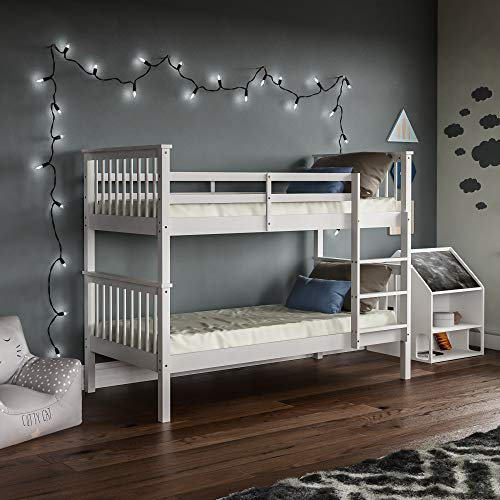 Vida Designs Milan Bunk Bed With Ladder, Kids Twin Sleeper, Solid Pine Wood Frame, Children's, Single 3 Foot, White