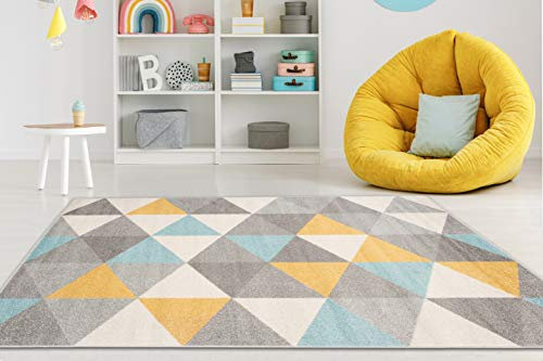 Carpeto Rugs Teppich Wohnzimmer Kurzflor Grau Modern Geometrisch Rauten Muster - Niedrigflor Teppich für Wohnzimmer Jugenzimmer Kinderzimmer/Öko-Tex Pastell Grau Gelb Türkis 160 x 220 cm