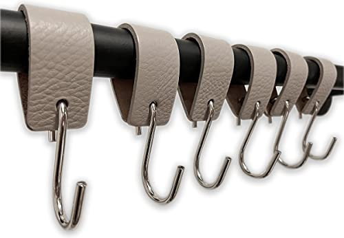 Brute Strength - S Haken Mit Lederschlaufe - Hellgrau - 6X - 12,5 x 2,5 cm - Kleiderhaken Garderobenhaken Fleischerhaken Leder