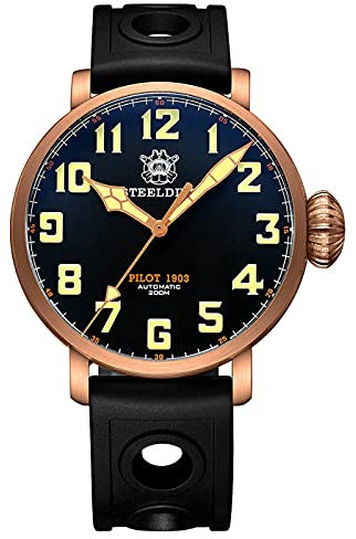 STEELDIVE SD1903S Große Größe, massives Bronze-Gehäuse, Taucheruhr, super leuchtend, C3, einzigartige Krone, 200 m, 20 ATM, Taucheruhr, Schwarz, Schwarz, Armband
