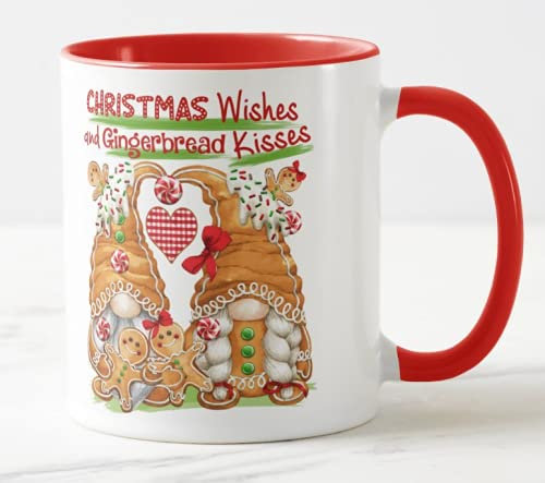 Vixar Christmas Gingerbread, Christmas Wishes and Gingerbread Kisses Coloured Mug Cup, Gift, Work, Office, Christmas Tea Coffee (Red)