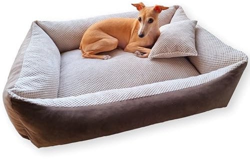 4L Textil Teo Hundebett Braun/Beige Hundekorb mittelgroße Hunde Hundekissen große Hunde Hundekörbchen flauschig Hundesofa (100x80 cm, Braun/Beige)