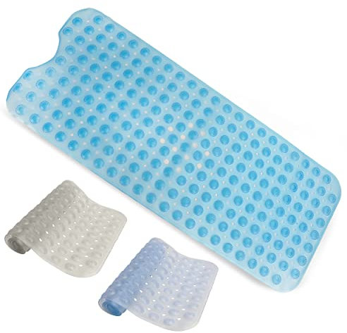 Top 3 Rectangular Bath Mat – 40 x 100cm Large Bath Shower Mat Grip – Blue, White and Transparent – Non-Slip Bath Mats For Inside Bath – Suction Cup Grip – Anti Mould Mats With Drainage Holes (Blue)