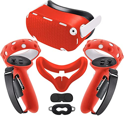 Kompatibel mit Oculus Quest 2 Zubehör | Verlängerung Controller-Griffabdeckung mit Batterieöffnung | VR Shell Cover | Silikon-Gesichtsabdeckung | Objektivschutz (rot)