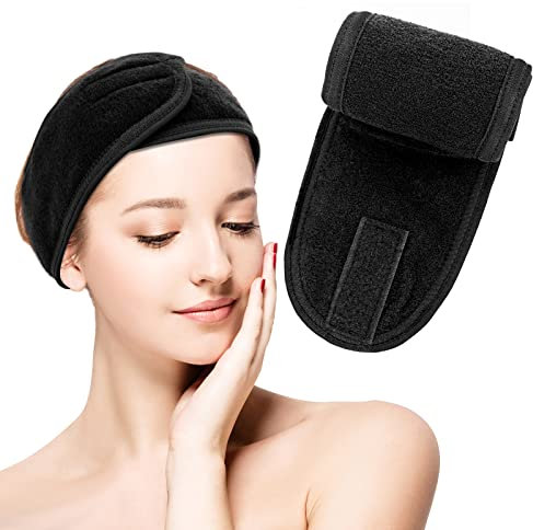 WLLHYF Spa Gesicht Stirnband Verstellbares Make-up Stirnband Mikrofaser Haarband Stretch Handtuch Magic Sticker Hautpflege Haarband für Frauen Mädchen Waschen Gesicht Bad Yoga Make-up Sport (Schwarz)