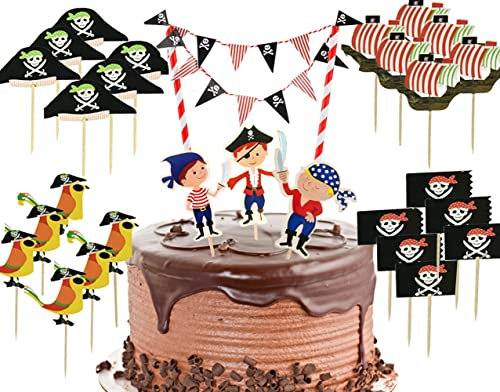 52 Stück Piraten Kuchen Deko, Tortendeko, Geburtstag Cupcake Deko, Muffin Deko für Piratenparty Kindergeburtstag, Junge