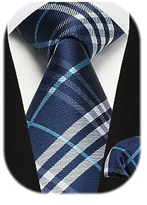 Enlision Herren Krawatte Blau mit Einstecktuch Set für Hochzeit Klassisch Kariert Krawatte Herren Taschentuch Set für formelle Geschäfte, Blau und Weiß