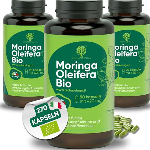RedMoringa Bio Moringa Oleifera Nahrungsergänzungsmittel - 100% natürlich | Moringa in veganen Protein-Kapseln | Quelle für Vitamine, Mineralien und Proteine - 270 Kapseln - Hergestellt in Italien