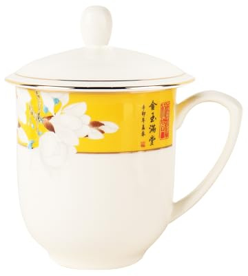 SILINE Fine Bone China Mug with Lid, 12 Oz Porcelain Milk Mug Coffee Mug | Elegant Ceramic Single Mug, Gilded Edge, Jingdezhen White Porcelain Tea Cup with Lid for Office Home --Yellow and White
