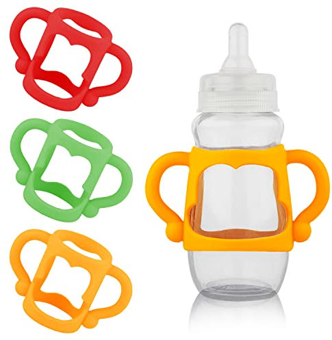 LUTER 3pcs Baby Bottle Handles, Easy Installation Bottle Handle Comfortable Material 100% Silicone Bottle Handle BPA Free for Dr Brown Bottle Narrow Bottle Over Six Months Baby (Orange, Red, Green)