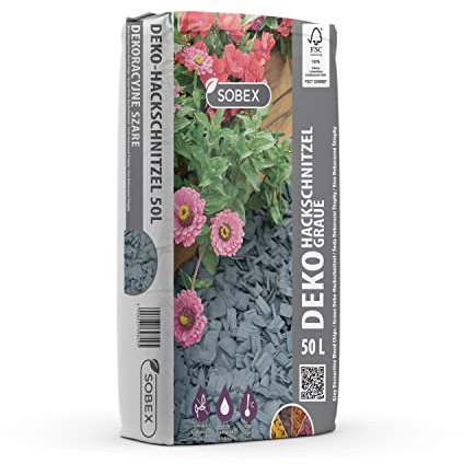 S&Garden Deko Hackschnitzel aus Kiefer - Dekorative Holzschnitzel - Rindenmulch für Garten - Besseres Wasserrückhaltevermögen - Verhindert Unkrautwuchs - Hält den Boden Feucht - 50l - Grau - 1 Stück