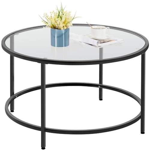 Yaheetech Table Basse Salon, Table Basse Ronde en Verre Trempée, Cadre en Métal, Table d'appoint pour Canapé Bureau Balcon 80 cm Noir