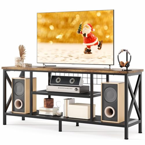 Gizoon 59.8 Industrial TV Stand for 55-65 Inch TVs, Rustic Brown, 3-Tier Media Entertainment Center with Open Shelves, Metal Frame, Sofa Table for Living Room, Bedroom, Office