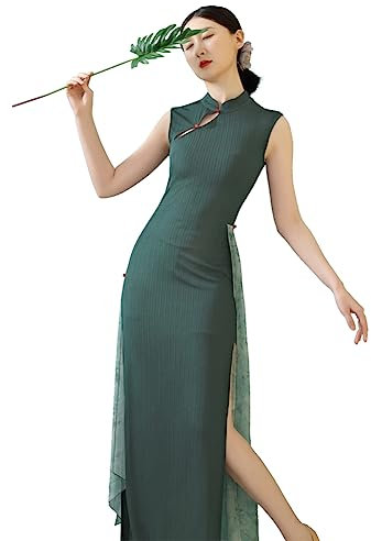 ROYAL SMEELA Robe Qipao Sans Manches Tricoté Chinoise Cheongsam Pour Femme Style Chinois Vert Col Montant Fente Traditionnelle Tenue