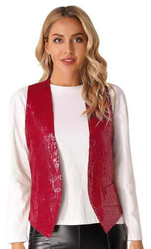 Jugaoge Damen Pailletten Weste Ärmellos V-Ausschnitt Anzugweste Kurz Gilet | mit Zwei Knöpfe Hochzeit Party Disco Tanz Outfits