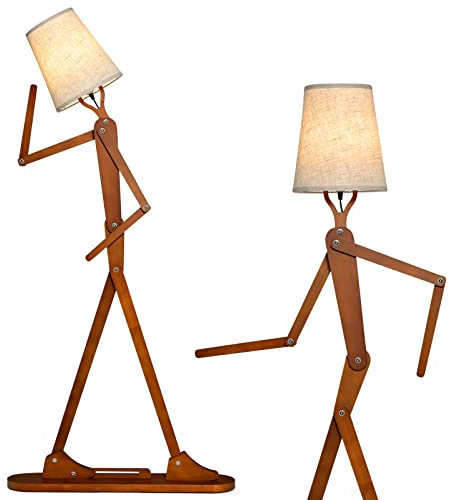 COSTWAY Wooden Floor Lamp, Creative Humanoid Standing Lamps with Adjustable Joints, Fabric Lampshade & Foot Switch, DIY Man Decorative Corner Reading Light for Living Room Bedroom, E27 Socket