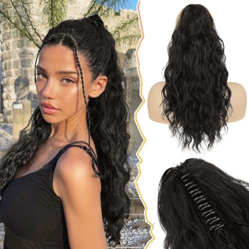 BARSDAR Klauen Clip Pferdeschwanz Verlängerung, 45 cm Lange Lockige Wellige Schwarz Braun Pferdeschwanz Haarverlängerungen Natürliche Synthetische Haarteile für Frauen (Schwarz Braun)