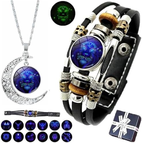 OWSEN Spiritio Zodiac Leather Bracelet,Zodiac Signs Spirit Bracelet,Multilayer Constellation Zodiac Leather Bracelet Handmade Woven Zodiac Sign Wrap Bracelet Wristband for Women Men (Leo)