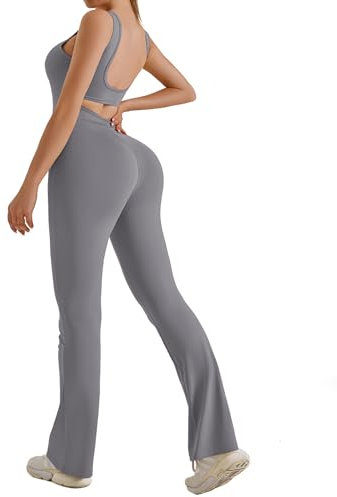 ZIRUU Damen Jumpsuit Flared Scrunch Butt Bodysuit Lang Yoga Ärmellos Overall Sport Rückenfrei Einteiler Bootcut Onepiece Ganzkörperanzug Sexy Playsuits Gym Workout Bodycon in Grey Small