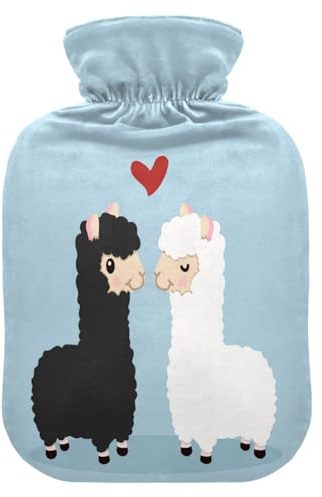 Wärmflasche mit Bezug, Alpaka Love Heart 1L Auslaufsicher Wärmbeutel für Hand Füße Wärmer Nacken Schulter Rücken Muskelschmerzen Linderung Kaltkompresse