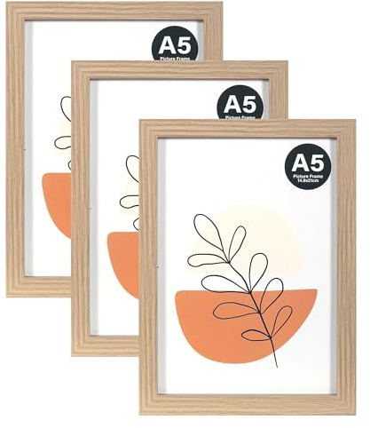 KAIWIN Bilderrahmen A5 Grau 3er Set, 21x14,8 cm rahmen mit Acrylglas zum Aufhängen und Aufstellen, Bilderrahmen A5 Holz für Fotos, Bilder, Natur Amerikanische Weiß-Eiche