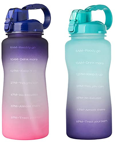 Goorvoucs Lot de 2 bouteilles d'eau avec marqueur de temps, bouteille de motivation extra large, 2 000 ml vert et 3 800 ml D