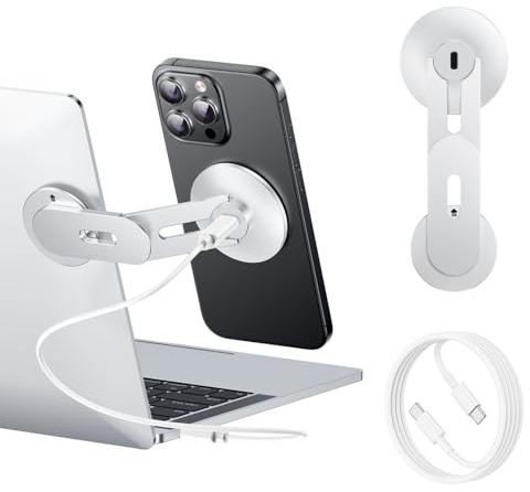MAGDIGITEH Laptop Phone Holder, Magnetic Phone Stand 15W Fast Wireless Charger for MagSafe for iPhone 16/15/14/13/12 & All Phones for Tesla (Nickel)