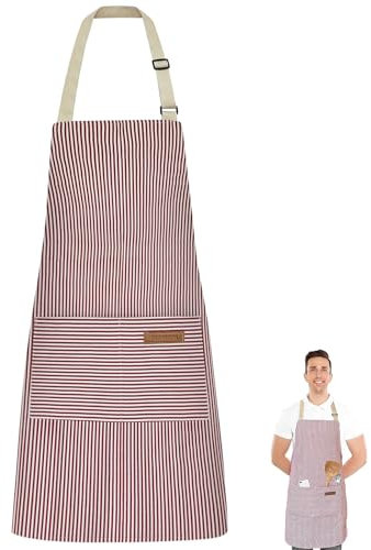 Shunshi Adjustable Apron, Unisex Apron with 2 Pockets, Cotton Linen Cooking Kitchen Accessories Chef Bib Aprons for Women Men Home Baking Gardening Household Cleaning BBQ Restaurant (Pink Strips)