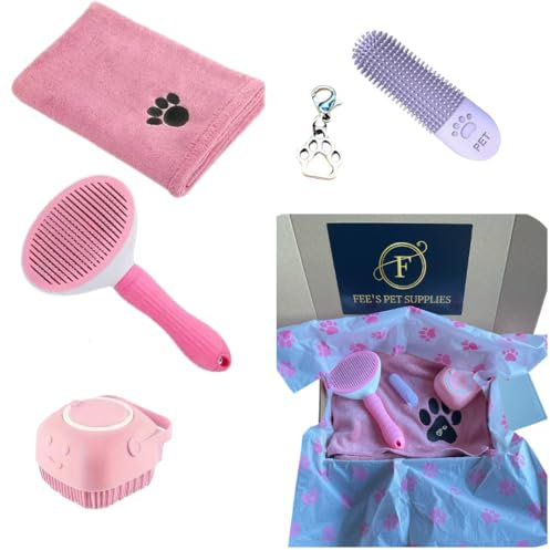 Pet Shower & Bath Set: Easy-Clean Pet Hair Remover Brush, Microfibre Towel, Silicone dog Shampoo Brush, Finger Toothbrush+Bonus Vintage Paw Charm | Perfect Dog Christmas Presents (Pink)