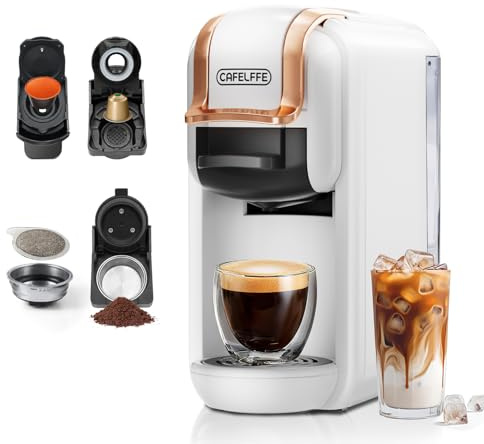 CAFELFFE 4-in-1-Kapsel kaffeemaschine MK603, Heiß-/Kaltbrüh, 19 Bar, für Nec* Original-, DG*-, ESE-Pads und Kaffeepulver, Erp2-Energiesparmodell, 0,6-l-Wassertank, geeignet für die Familie, weiß