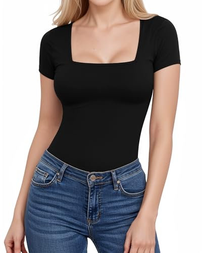 ALGALAROUND T-Shirts for Women Fitted Square Neck Short Sleeve Shirt T-Shirts Summer Basic Womens Tops for Ladies Slim Fit Tee Going Out Top Black M