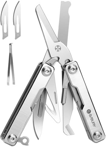 BIBURY Mini Scissors Tools, 8 in 1 Schere EDC Multitools Mit Schlüsselring Glasbrecher Gurtschneider, Edelstahl Outdoor Camping Multi Tool mit Unsichtbare Pinzette Geschenke für Frauen Männer