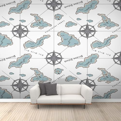 Blue map Mural Wallpaper Nautical Map Compass Photo Wallpaper Murals for Living Room Bedroom and Kids Room 390x260cm(W x H) Modern Poster Silk Wall Mural